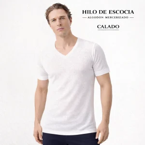 5234 CAMISETA MANGA CORTA CALADA HILO DE ESCOCIA. CUELLO PICO