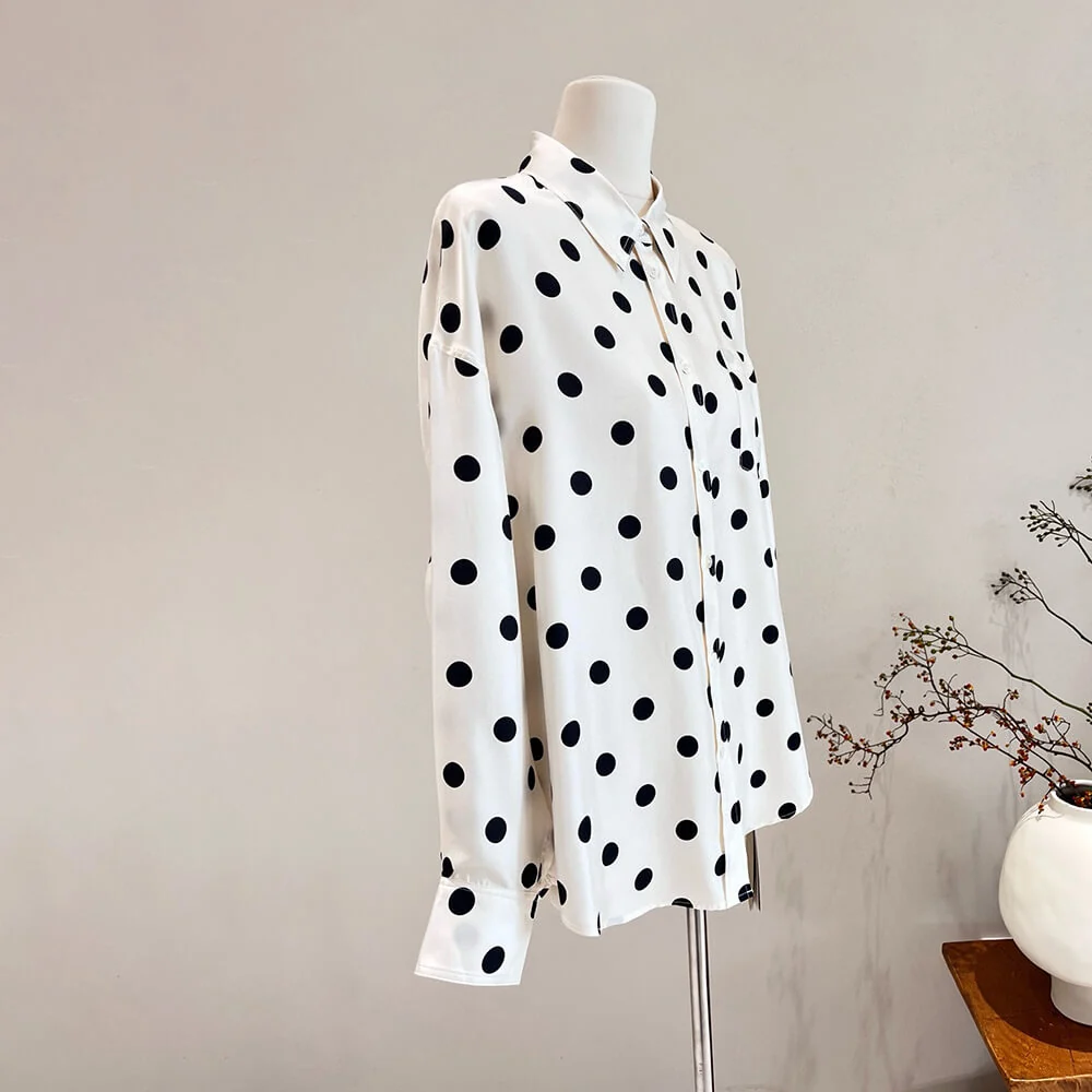 Camisa de seda de manga larga para mujer Blusa de seda con botones y lunares - Imagen 8