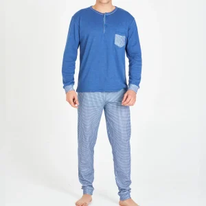 PIJAMA HOMBRE LARGO AZUL CON BOLSILLO VICHY Y PANTALÓN DE CUADROS