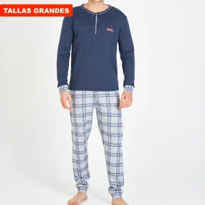 PIJAMA HOMBRE TALLAS GRANDES AZUL MARINO CON PANTALÓN DE CUADROS GRIS/AZUL