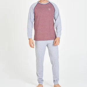PIJAMA HOMBRE LARGO RAYAS BURDEOS CON MANGAS RAGLÁN Y PANTALÓN GRIS