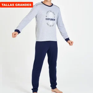 PIJAMA HOMBRE TALLAS GRANDES GRIS VIGORÉ EXPLORER CON PANTALÓN MARINO