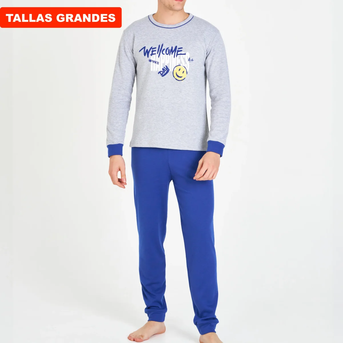 PIJAMA HOMBRE TALLAS GRANDES WELCOME GRIS CON PANTALÓN AZUL