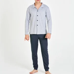 PIJAMA HOMBRE LARGO CAMISERO GRIS ESTAMPADO CON PANTALÓN AZUL MARINO