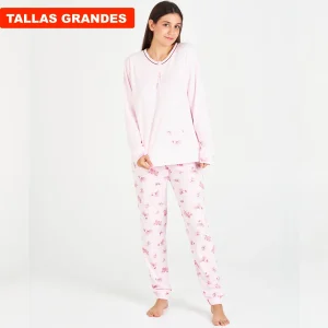 PIJAMA MUJER TALLAS GRANDES ROSA CON PANTALÓN ESTAMPADO