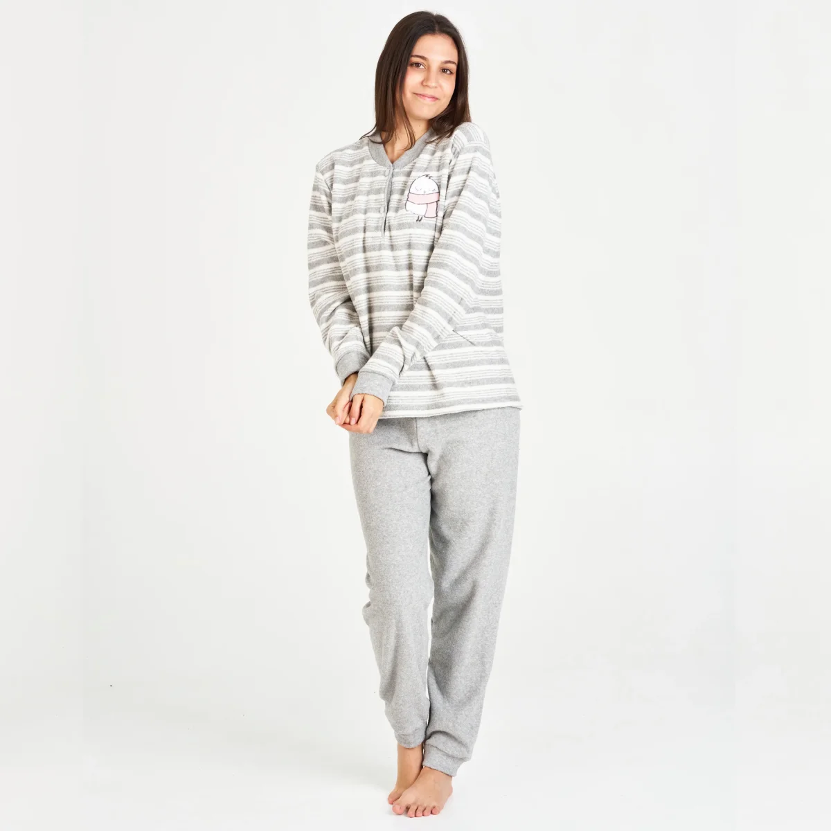 PIJAMA MUJER INVIERNO GRIS CON RAYAS RIZO - Imagen 2