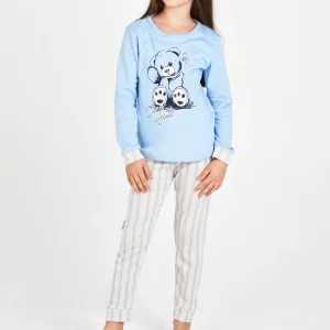 PIJAMA NIÑA INVIERNO AZUL OSITO CON PANTALÓN A RAYAS