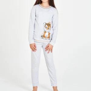 PIJAMA NIÑA INVIERNO GRIS CLARO TIGRITO CON PANTALÓN LISO