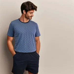 0841 PIJAMA HOMBRE ALGODÓN MANGA CORTA Y PANTALÓN CORTO CON BOLSILLOS. ESTAMPADO AZUL KUBE