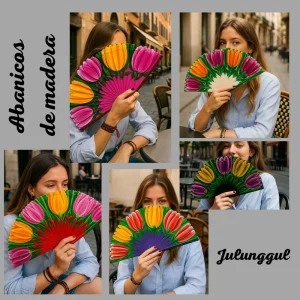 Abanicos de madera Tulipanes de colores con funda