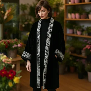 Abrigo kimono de terciopelo negro con seda estampada
