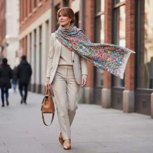 Bufanda de cashmere XL beige con flores