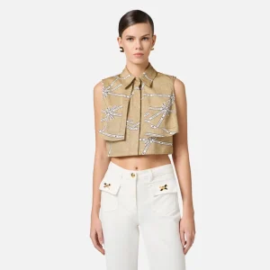 Elisabetta Franchi camisa de algodon con estampado de rafia y cinta