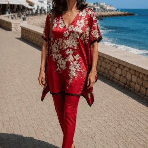 Caftán de Semiseda a Medida estampado rojo y beige