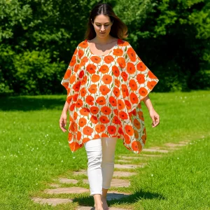 Caftan de seda para embarzadas Blanco con flores rojas