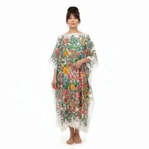 Caftan largo de pañuelos de semi seda Beige con flores