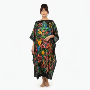 Caftan largo de pañuelos de semi seda negro con flores