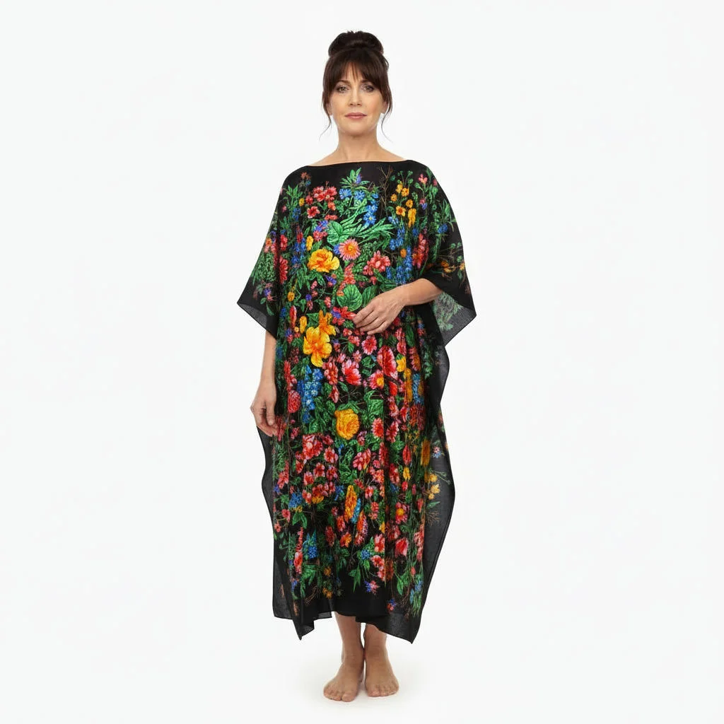 Pañuelo de semi seda grande negro con flores 130×130 cm - Imagen 6