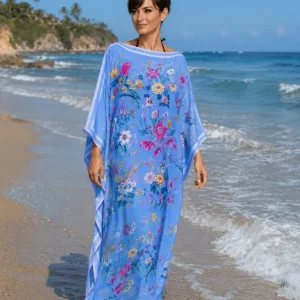 Caftan largo de pañuelos de semi seda azul con flores