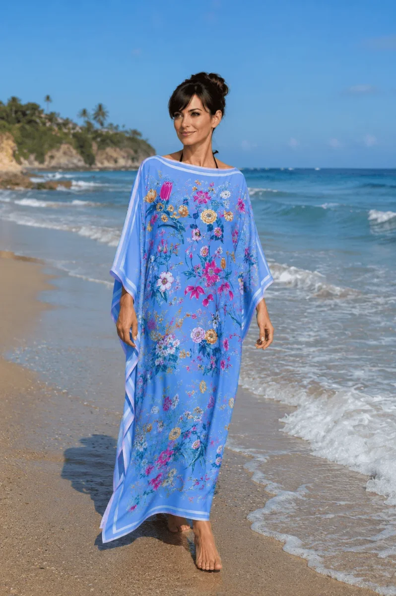 Caftan largo de pañuelos de semi seda azul con flores