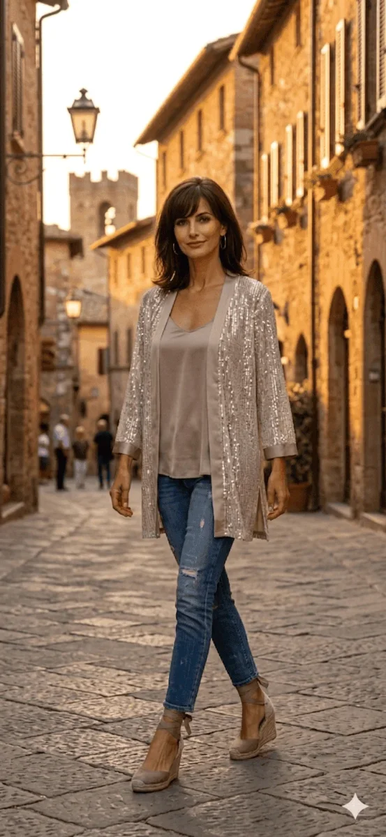 Chaqueta larga de lentejuelas color piedra - Imagen 6