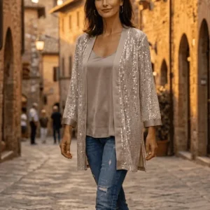 Chaqueta de lentejuelas con top a juego color piedra