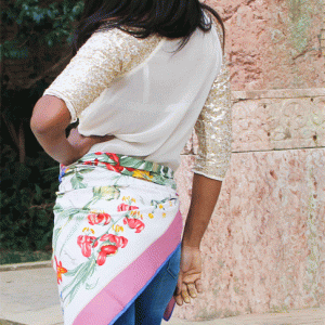 Pareo de pañuelos de semi seda Beige y rosa