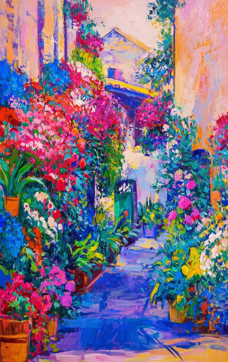 Fular de seda natural paisaje azul klein y rosa - Imagen 3