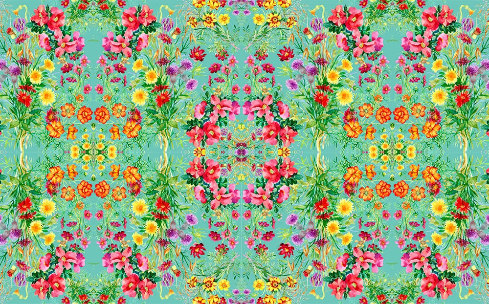 Fular de seda natural con forro chal reversible verde mar con flores - Imagen 4