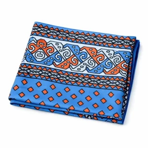 Fular de seda reversible con forro azul con cenefas