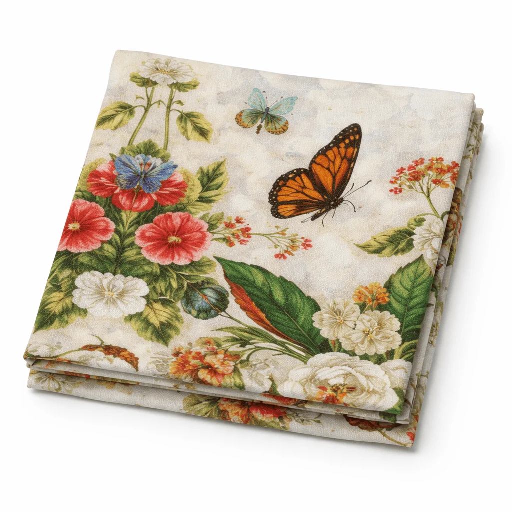 Fular de seda natural con forro beige con flores y mariposas