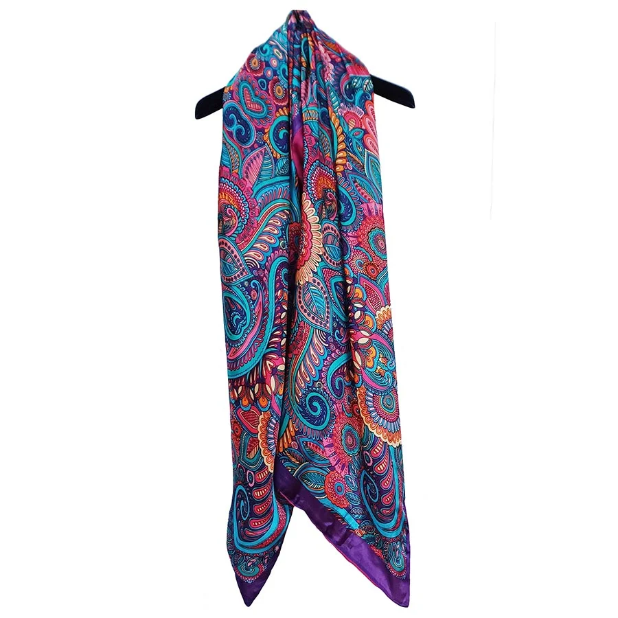 Fular de seda reversible con forro Paisley azul y fucsia - Imagen 4