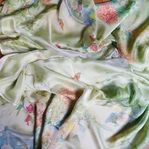 Pañuelo de seda Verde flores fular
