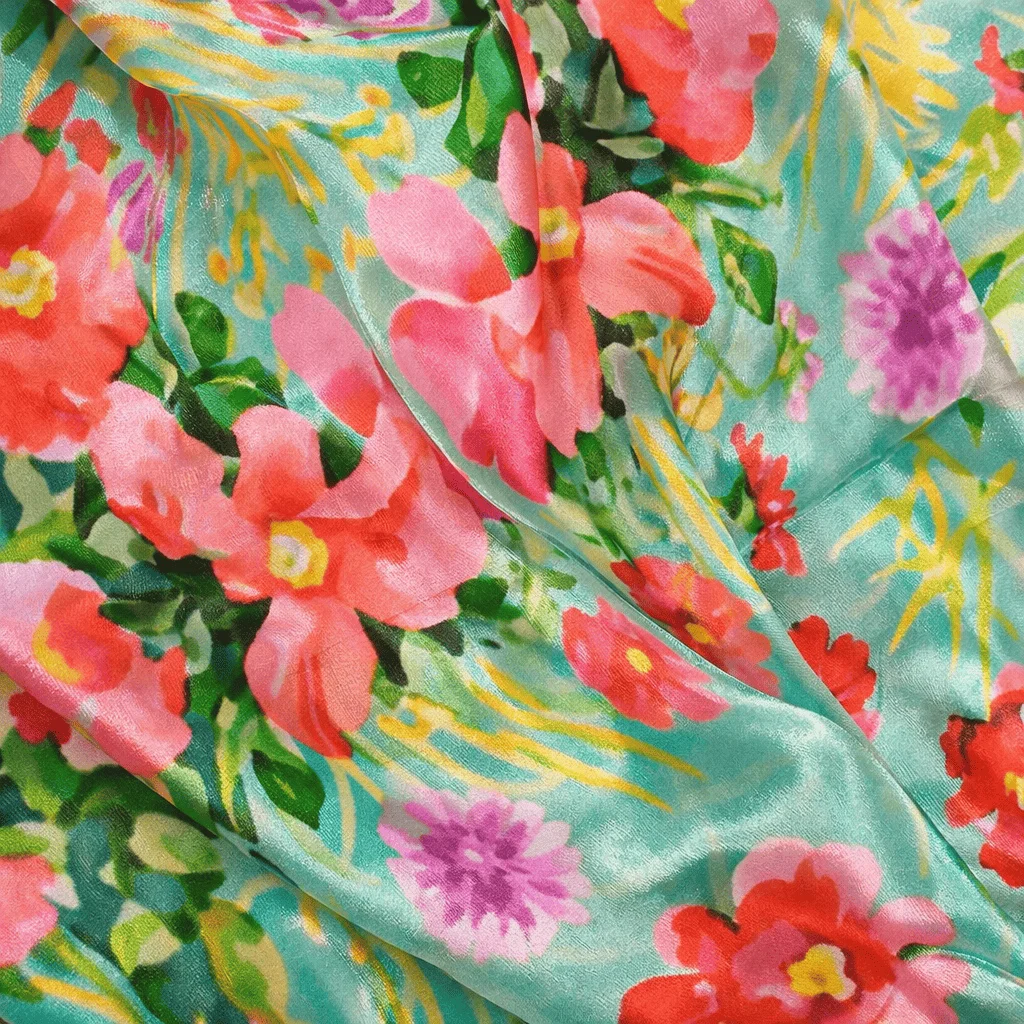 Fular de seda natural con forro chal reversible verde mar con flores - Imagen 6
