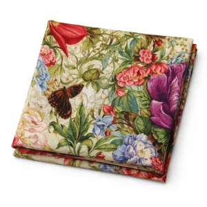 Fular de seda natural con forro camel con flores moradas y mariposas