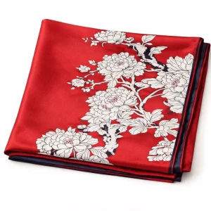 Fular de semiseda reversible con forro Rojo con flores beige