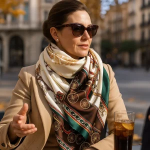 Fular de semiseda con forro beige marron y verde Hermès