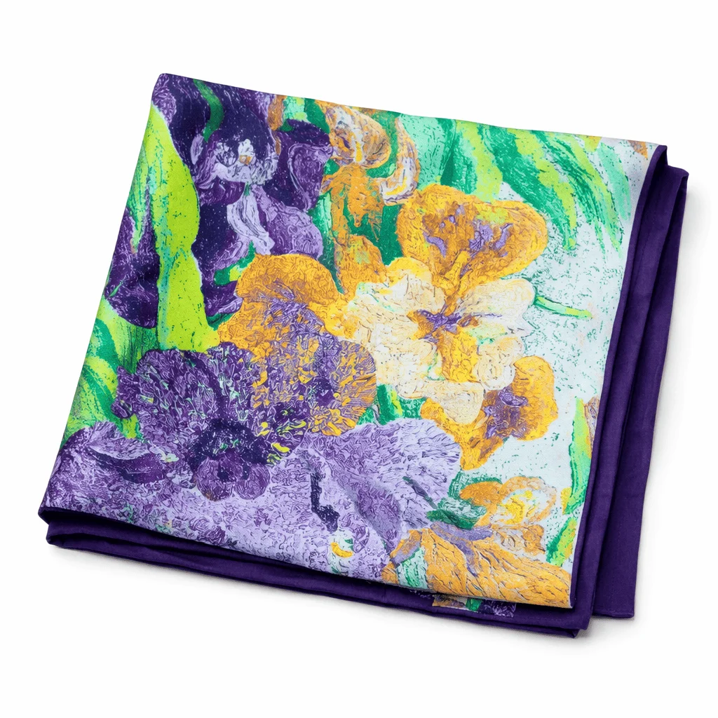 Fular de semiseda con forro flores mostaza y morado con verde - Imagen 2