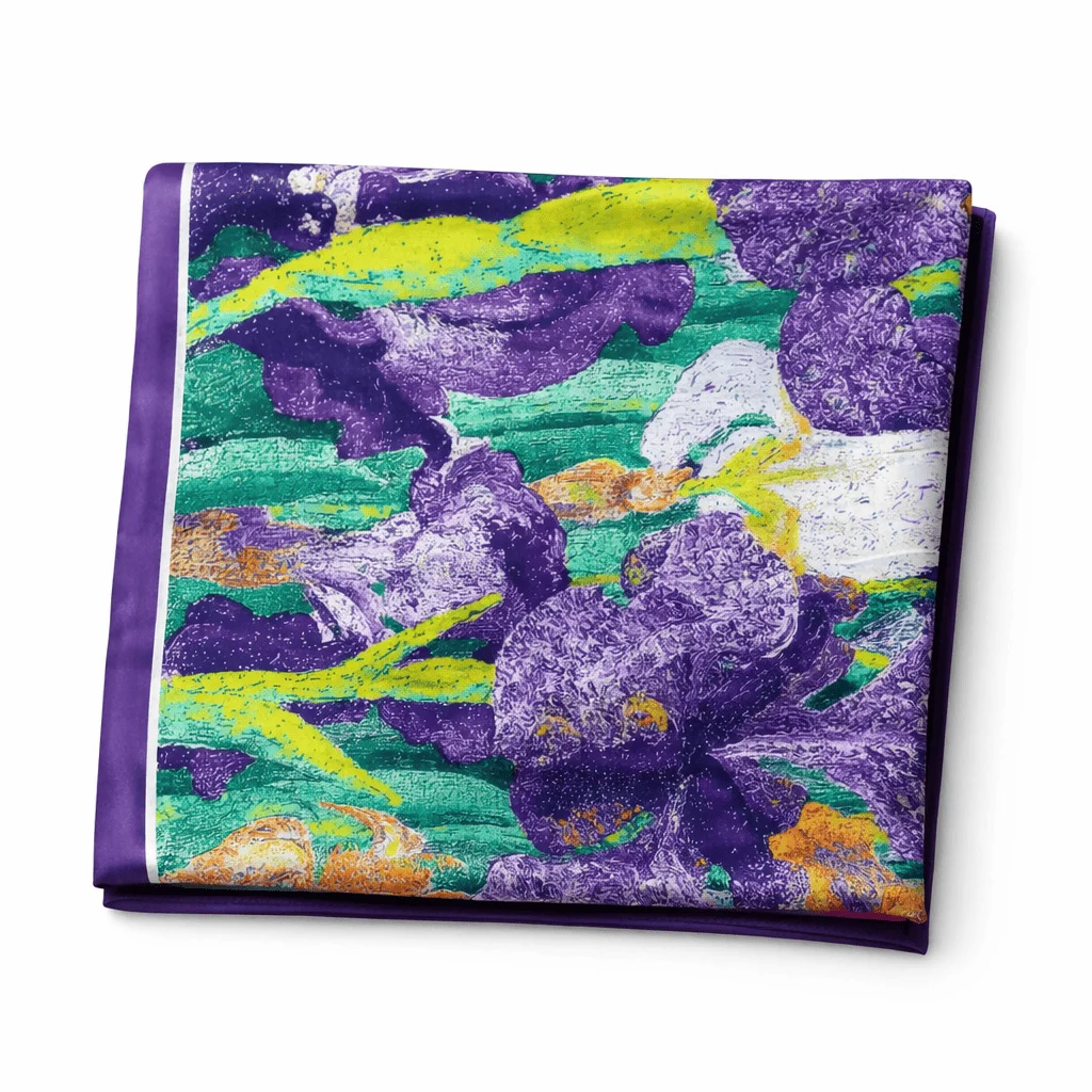 Fular de semiseda con forro flores mostaza y morado con verde - Imagen 6