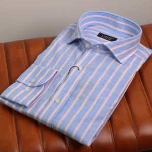 Camisa lino-algodón azul con barra rosa