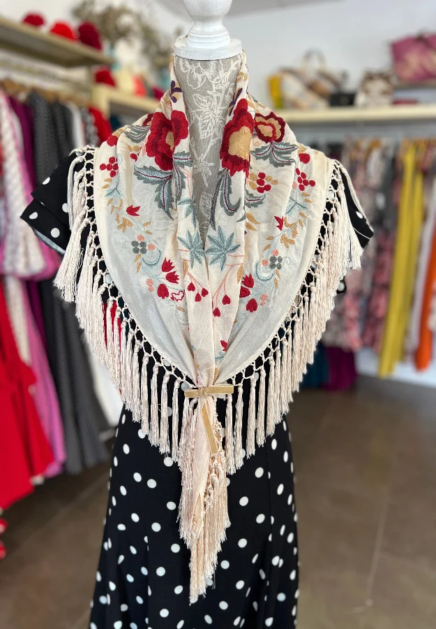 Mantón Cantillana Beige, Rojo Y Gris - Imagen 2