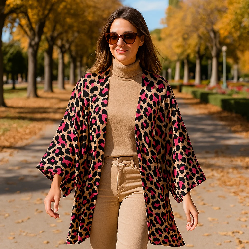 Kimono animal print leopardo beige y fucsia - Imagen 5