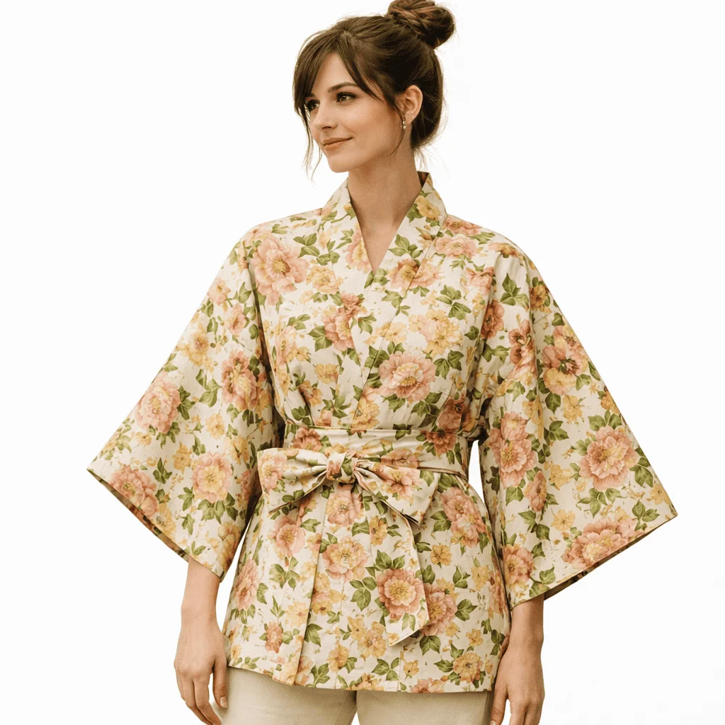 Kimono de cretona beige con flores - Imagen 2
