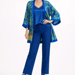 Kimono corto de semiseda verde y azul los lirios de Van gogh