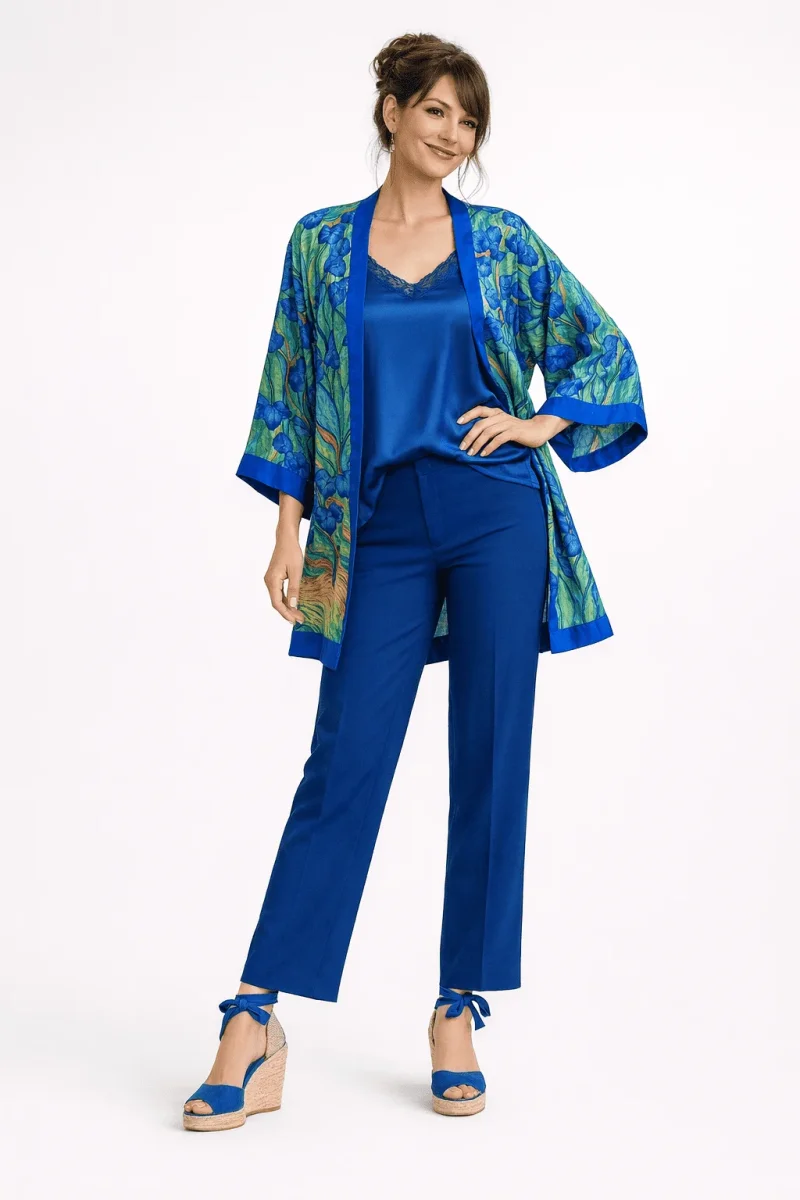 Kimono corto de semiseda verde y azul los lirios de Van gogh