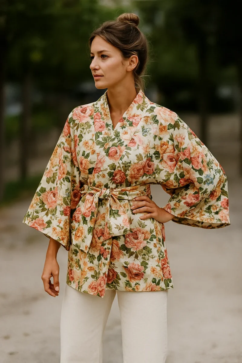 Kimono de cretona beige con flores - Imagen 4