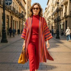 Kimono de cretona de rayas rojo y colores