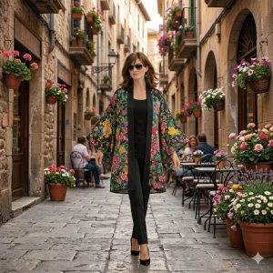 Kimono de semiseda largo negro con flores