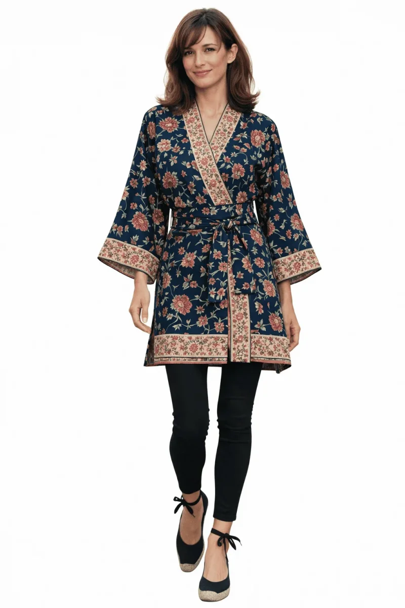 Kimono con fajín negro de flores con cenefas - Imagen 5