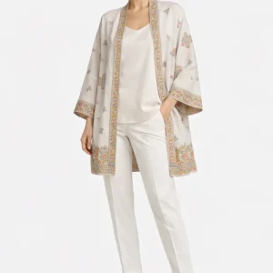 Kimono de semiseda crudo estampado con cenefas orientales